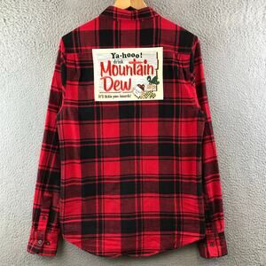 Angry Minnow Vintage Plaid Flannel Shirt Men's S Red Black Mountain Dew Patch